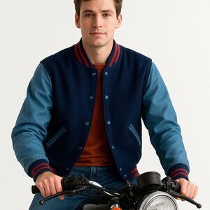 Vintage DeLong Varsity Jacket Mens XLarge Blue Wool & Leather Sleeves Retro